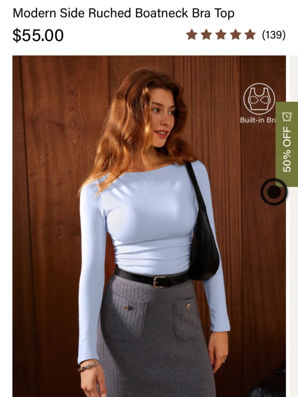 OGL Light Blue Boatneck Long Sleeve Top with Side Ruched Detail